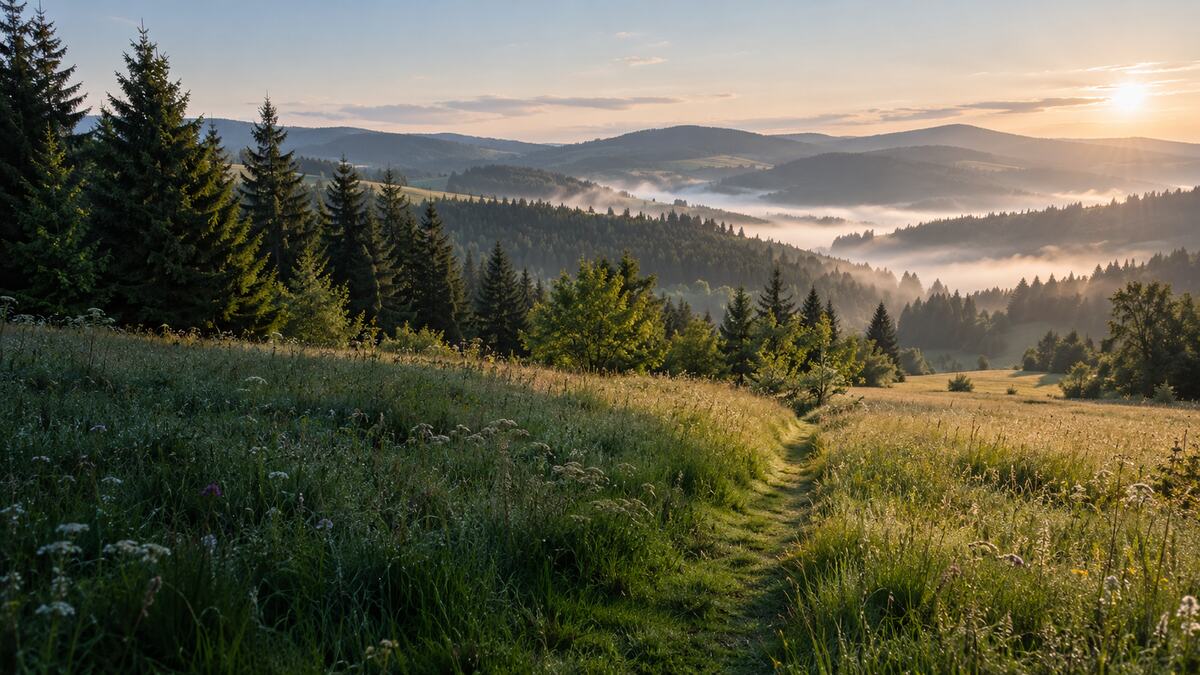 Ranní mlha v údolích pod zalesněnými hřbety hor