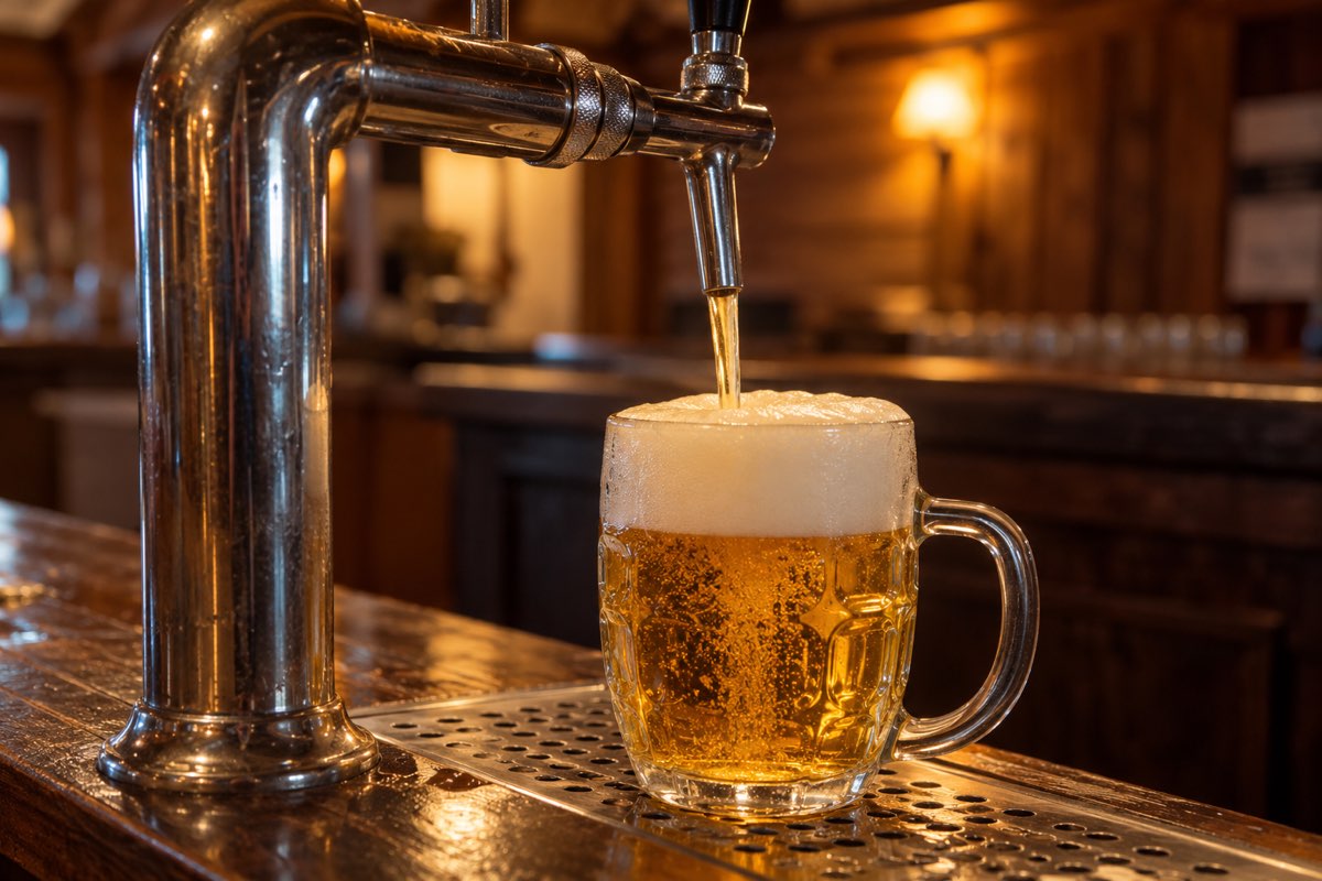Točené pivo z pípy na dřevěném pultu (ilustrační foto)