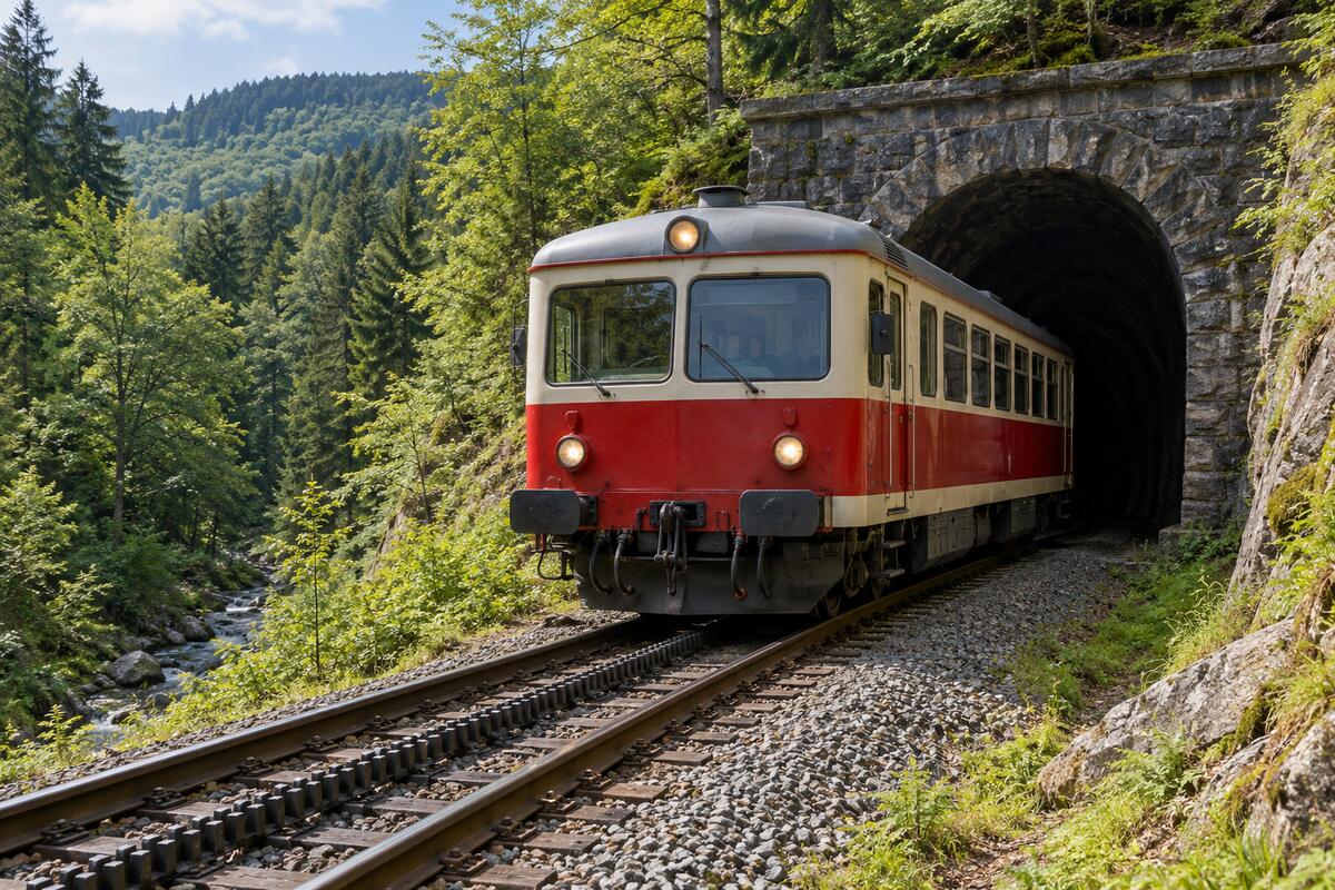 Motorový vláček vyjíždí z kamenného tunelu